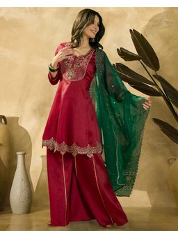 KVS FAB - Maroon Silk Blend Zari Sequence Embroidered Kurta with Palazzo and Dupatta