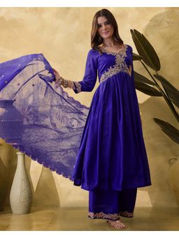 KVS FAB - Royal Blue Zari Sequence Embroidered Kurta with Flair Pant and Dupatta
