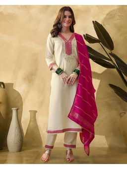 KVS FAB - Cream Rayon Zari Sequence Thread Embroidered Kurta with Pant and Dupatta