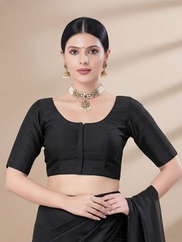 SALWAR STUDIO - Black Jain Silk Round Neck Stitched Blouse