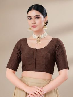 SALWAR STUDIO - Brown Jain Silk Round Neck Stitched Blouse