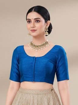 SALWAR STUDIO - Blue Jain Silk Round Neck Stitched Blouse