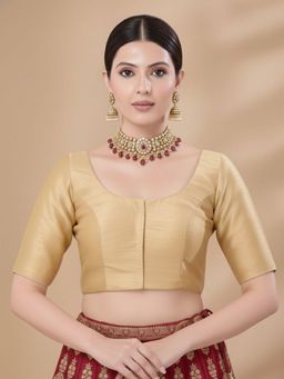 SALWAR STUDIO - Gold Jain Silk Round Neck Stitched Blouse