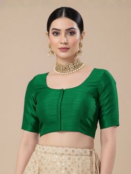 SALWAR STUDIO - Green Jain Silk Round Neck Stitched Blouse