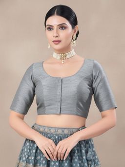 SALWAR STUDIO - Grey Jain Silk Round Neck Stitched Blouse