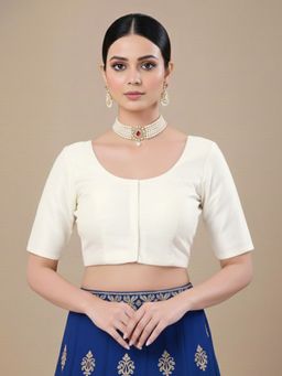 SALWAR STUDIO - Off White Jain Silk Round Neck Stitched Blouse