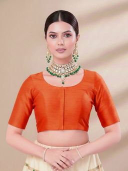 SALWAR STUDIO - Orange Jain Silk Round Neck Stitched Blouse