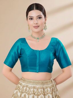 SALWAR STUDIO - Blue Jain Silk Round Neck Stitched Blouse