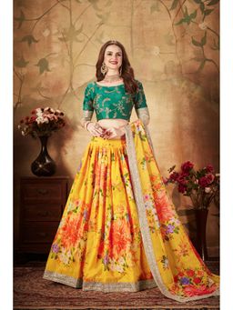 Pink Ethnic - Floral Sequins Yellow Semi Stitched Lehenga with Unstitched Blouse and Dupatta