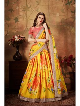 Pink Ethnic - Floral Sequins Yellow Semi Stitched Lehenga with Unstitched Blouse and Dupatta