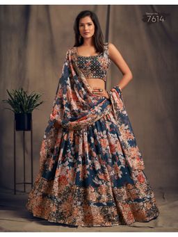 Pink Ethnic - Floral Sequins Navy Blue Semi Stitched Lehenga with Unstitched Blouse and Dupatta
