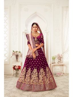 Pink Ethnic - Velvet Sequins Purple Semi Stitched Lehenga with Unstitched Blouse and Dupatta