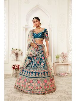 Pink Ethnic - Slub Silk Sequins Blue Semi Stitched Lehenga with Unstitched Blouse and Dupatta