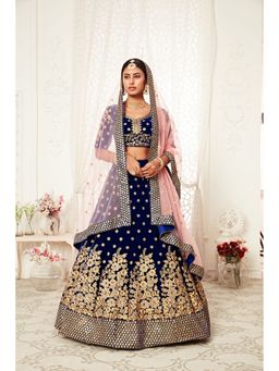 Pink Ethnic - Velvet Sequins Navy Blue Semi Stitched Lehenga with Unstitched Blouse and Dupatta
