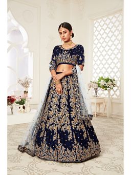 Pink Ethnic - Velvet Embroidery Navy Blue Semi Stitched Lehenga with Unstitched Blouse and Dupatta