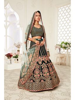 Pink Ethnic - Velvet Sequins Green Semi Stitched Lehenga with Unstitched Blouse and Dupatta
