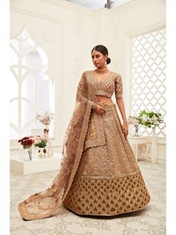 Pink Ethnic - Slub Silk Sequins Brown Semi Stitched Lehenga with Unstitched Blouse and Dupatta