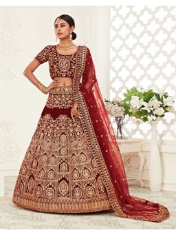 Pink Ethnic - Velvet Sequins Red Semi Stitched Lehenga with Unstitched Blouse and Dupatta