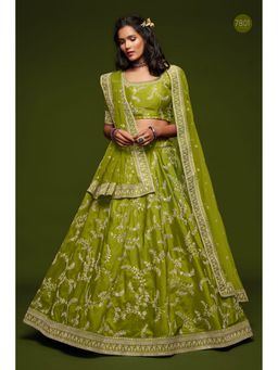 Pink Ethnic - Art Silk Sequins Green Semi Stitched Lehenga with Unstitched Blouse and Dupatta
