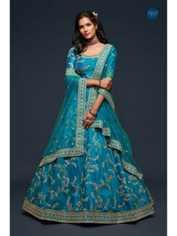 Pink Ethnic - Art Silk Sequins Teal Semi Stitched Lehenga with Unstitched Blouse and Dupatta