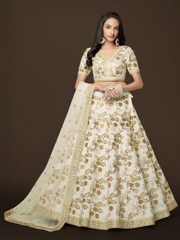 Pink Ethnic - Slub Silk Sequins White Semi Stitched Lehenga with Unstitched Blouse and Dupatta