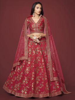 Pink Ethnic - Slub Silk Sequins Red Semi Stitched Lehenga with Unstitched Blouse and Dupatta