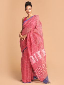Indethnic - Maroon Printed Super Net Saree with Unstitched Blouse