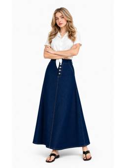 Tripursundari Fashion - Women's Mid Waist Navy Blue Denim Full Maxi Skirt