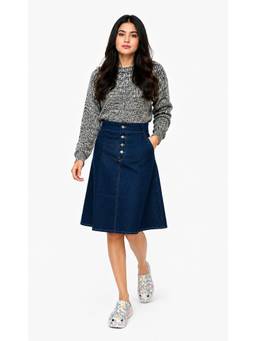 Tripursundari Fashion - Women's Navy Blue Denim Solid Knee Length Skirt