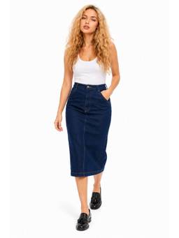 Tripursundari Fashion - Women's Navy Blue Denim Zip Midi Skirt