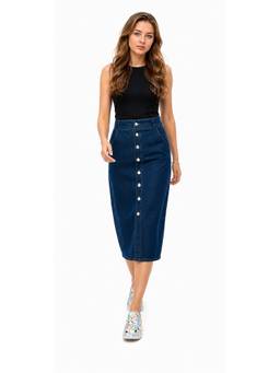 Tripursundari Fashion - Women's Navy Blue Denim Straight Midi Skirt