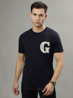 GANT - Men Navy Blue Solid Round Neck Short Sleeves T-Shirt