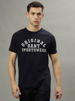 GANT - Men Navy Blue Printed Round Neck Short Sleeves T-Shirt