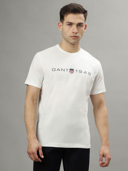 GANT - Men Off White Solid Round Neck Short Sleeves T-Shirt