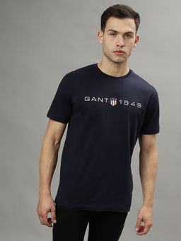 GANT - Men Navy Blue Solid Round Neck Short Sleeves T-Shirt