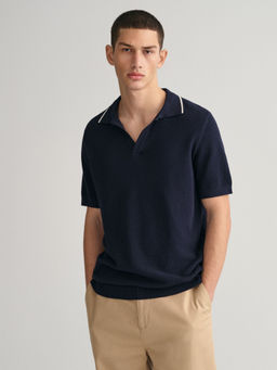 GANT - Men Navy Blue Textured Polo T-Shirt