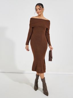 Styli - Women Brown Off Shoulder Mermaid Hem Bodycon Sweater Midi Dress