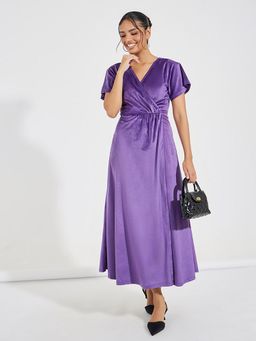 Styli - Women Purple Half Sleeves Wrap Maxi Dress
