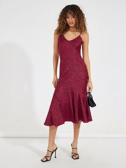 Styli - Women Red Print Strappy A-Line Midi Dress