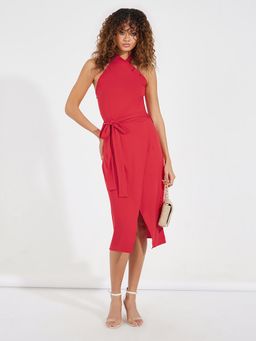 Styli - Women Red Solid Halter Neck Wrap Midi Dress with Belt (Set of 2)