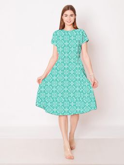 Zink London - Women Turquoise Printed A-Line Knee Length Dress