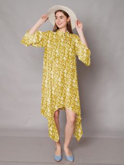 Zink London - Women Ochre Yellow Floral Printed High-Low Midi Dress