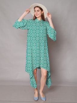 Zink London - Women Turquoise Printed High-Low Midi Dress