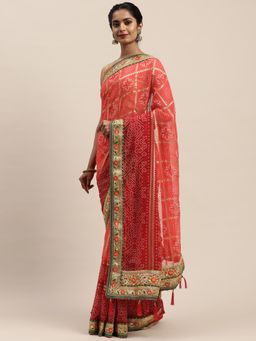 Vastranand - Red & Golden Printed Bandhani Saree with Unstitched Blouse