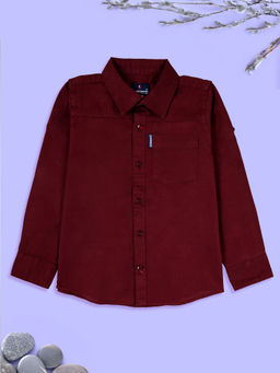 KiddoPanti - Boys Maroon Cotton Woven Full Sleeves Solid Shirt with Pocket