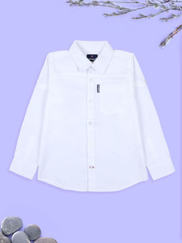 KiddoPanti - Boys White Cotton Woven Full Sleeves Solid Shirt with Pocket