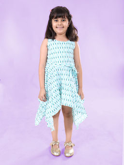 KiddoPanti - Girls Green Geometric Asymmetrical Dress with Belt (Set of 2)