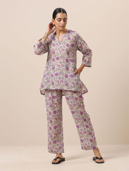 trueBrowns - Cotton Hand Block Printed Purple Co-Ord Set (Set of 2)