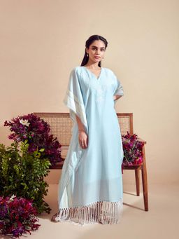 BOHO-CHIC By Sukriti Jain - Soft Blue Embroidered Tassel Trimmed Kaftan