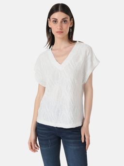 Kazo - White Drop Shoulder Textured Top